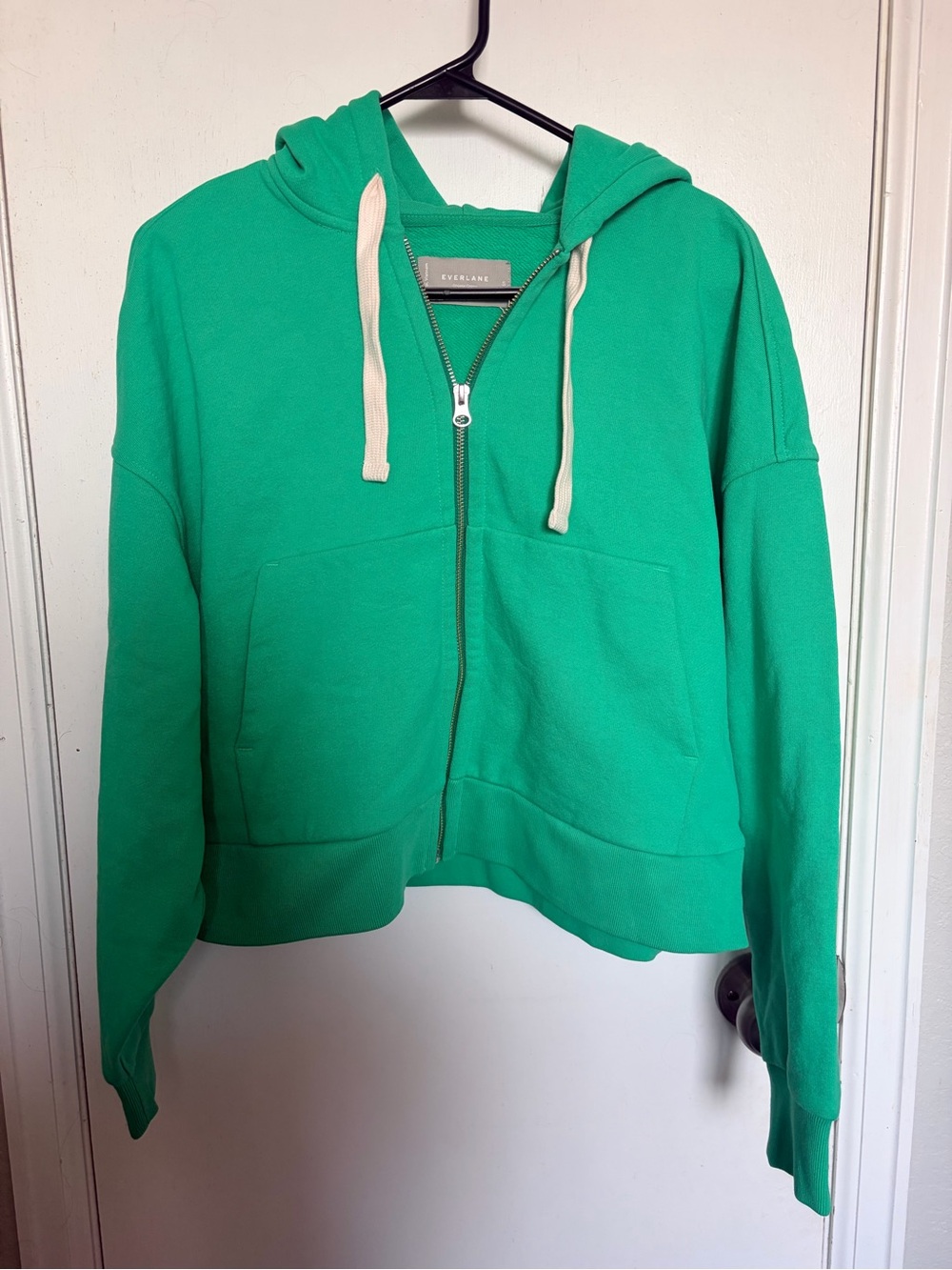 Everlane Bright Green Zip Hoodie with Cream Drawstrings
